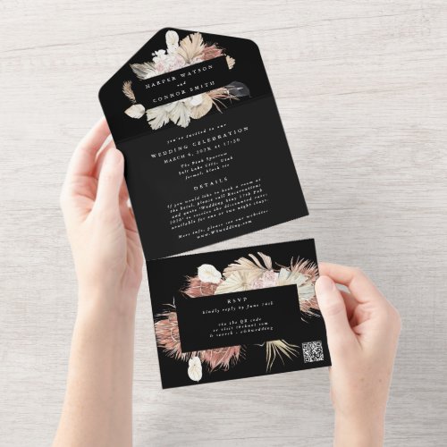 Modern Black Premium Wreath Pampas QR CODE Wedding All In One Invitation