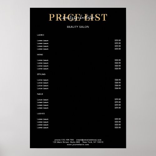 Modern Black Price List Poster