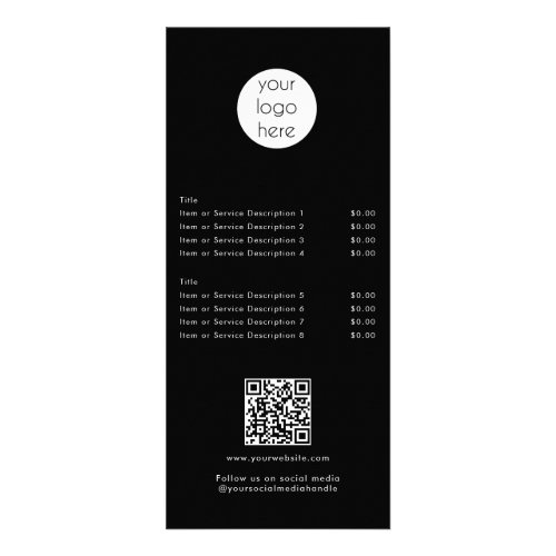 Modern Black Price List QR Code Social Media  Rack Card