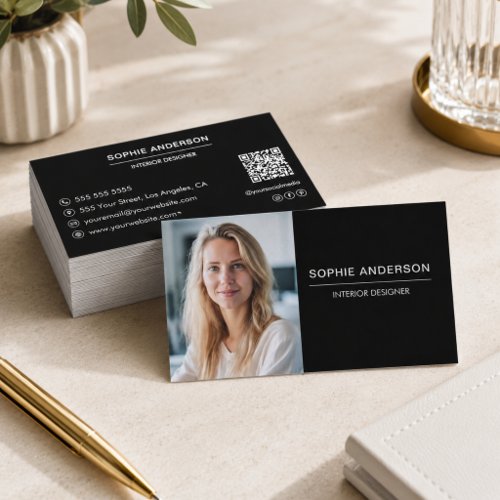 Modern Black Professional Photo QR Code Business Card
