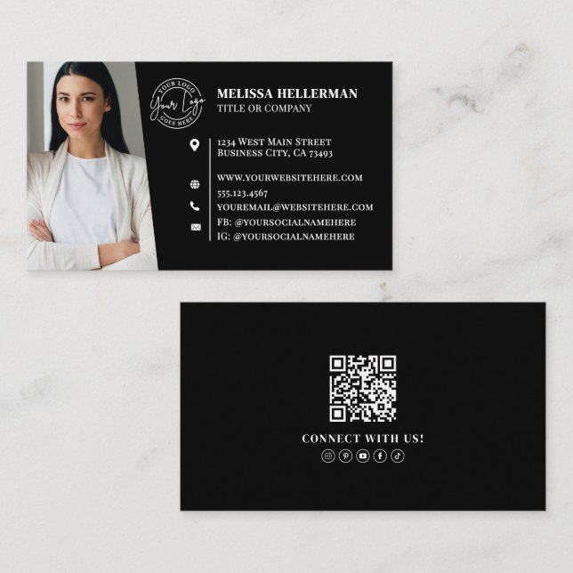 Modern Black Professional QR Code Photo Logo Business Card (Front/Back)