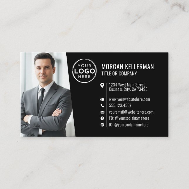 Modern Black Professional QR Code Photo Logo Business Card (Front)