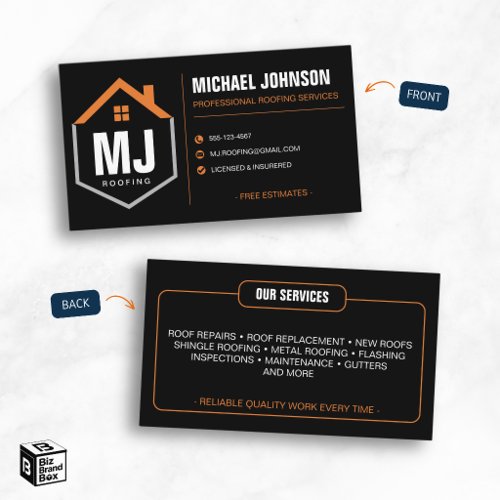 Modern Black Professional Roofing Contractor Business Card