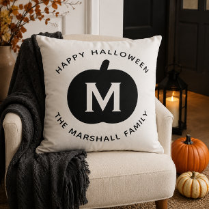 Modern Black Pumpkin Monogram Happy Halloween Throw Pillow