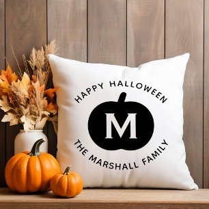 Modern Black Pumpkin Monogram Happy Halloween Throw Pillow