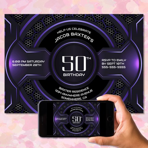 Modern Black Purple 50th Birthday Party Invitation