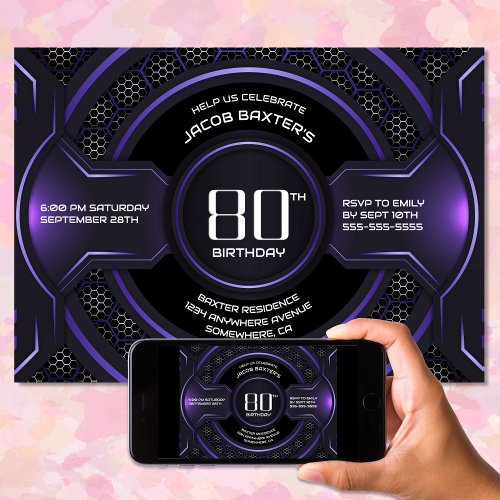 Modern Black Purple 80th Birthday Party Invitation