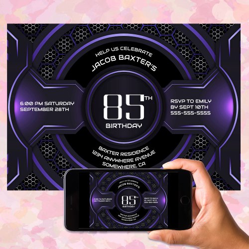 Modern Black Purple 85th Birthday Party Invitation