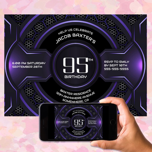 Modern Black Purple 95th Birthday Party Invitation (Creator Uploaded)