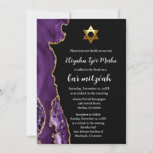 Modern Black Purple and Gold Bar Mitzvah Invitation
