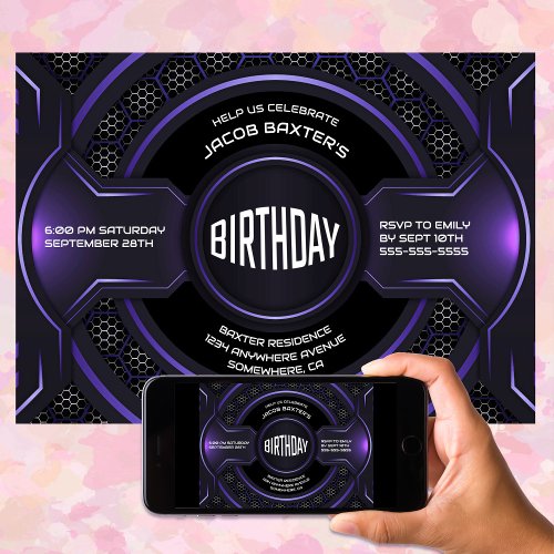 Modern Black Purple Any Age Birthday Party Invitation