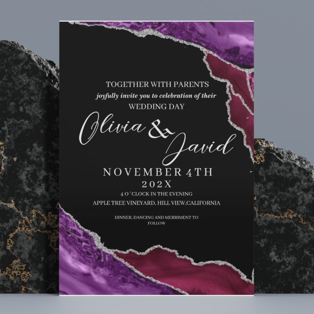 Modern Black Purple & Burgundy Agate Wedding  Invitation (Creator Uploaded)