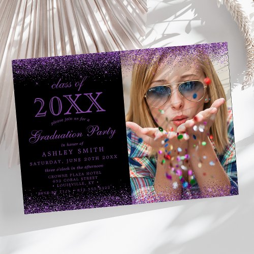 Modern Black Purple Glitter Photo Graduation Invitation