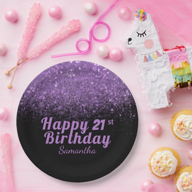 Modern Black & Purple Glitter Sparkle 21 Birthday  Paper Plates (Party)