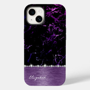 Modern Black Purple Marble Faux Glitter Monogram Case-Mate iPhone 14 Case