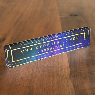 Modern Black Purple Outer Space Nebula Desk Name Plate