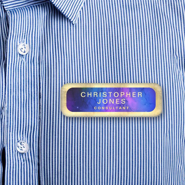 Modern Black Purple Outer Space Nebula Name Tag (gold purple modern custom name tag)