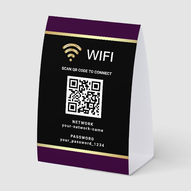 Modern Black Purple QR Code Wifi Network Password Paper Table Tent (Front)