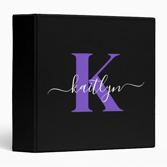 Modern Black Purple Script Monogram 3 Ring Binder (Front/Spine)
