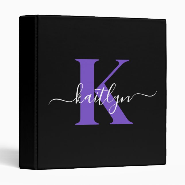 Modern Black Purple Script Monogram 3 Ring Binder (Front/Spine)