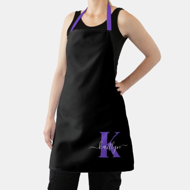 Modern Black Purple Script Monogram Apron (Insitu)