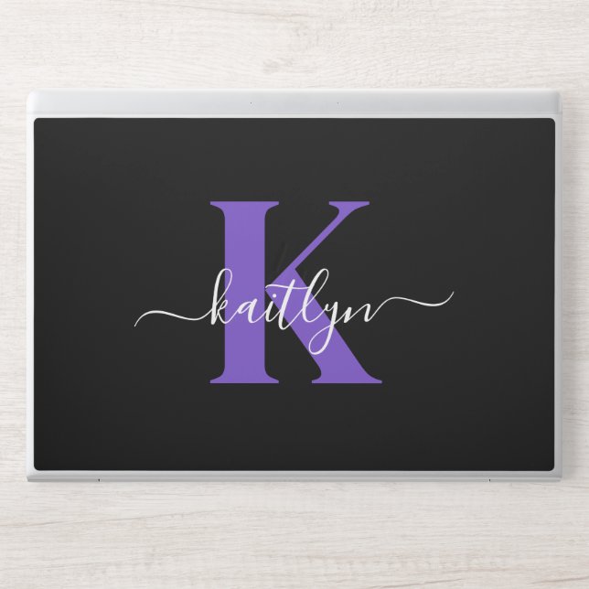 Modern Black Purple Script Monogram HP Laptop Skin (Front)
