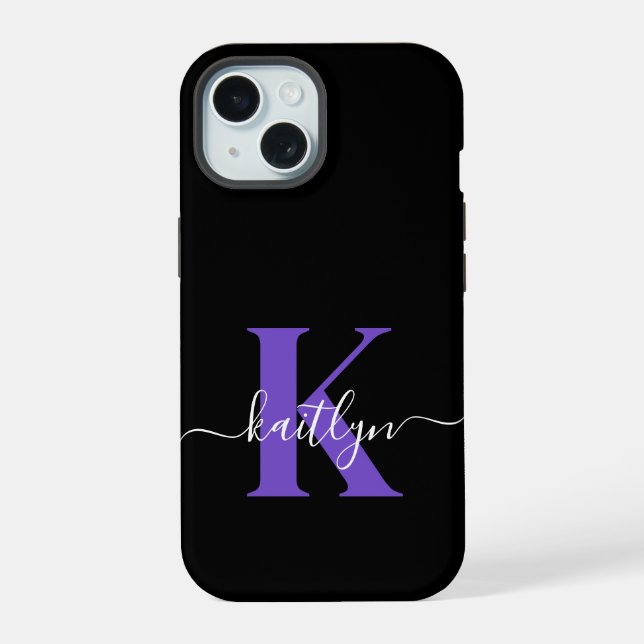 Modern Black Purple Script Monogram iPhone 15 Case (Back)