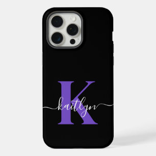 Modern Black Purple Script Monogram iPhone 15 Pro Max Case