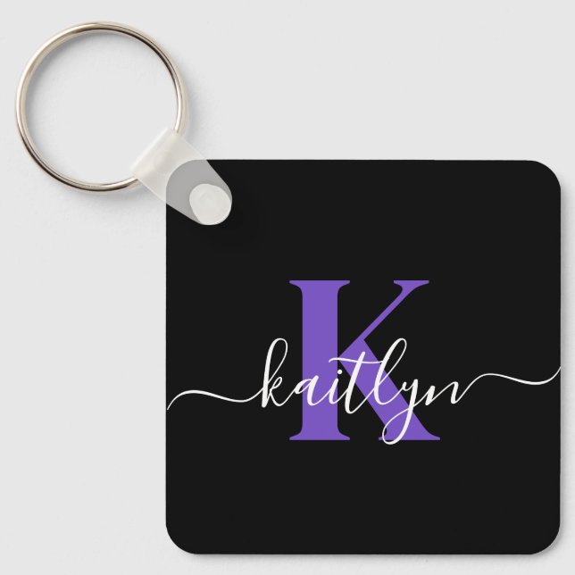 Modern Black Purple Script Monogram Keychain (Front)