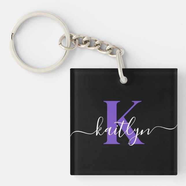 Modern Black Purple Script Monogram Keychain (Front)