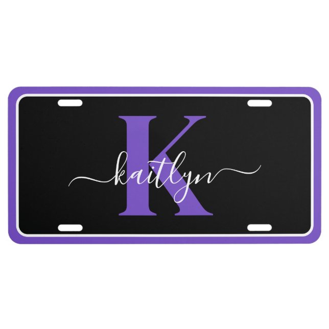 Modern Black Purple Script Monogram License Plate (Front)