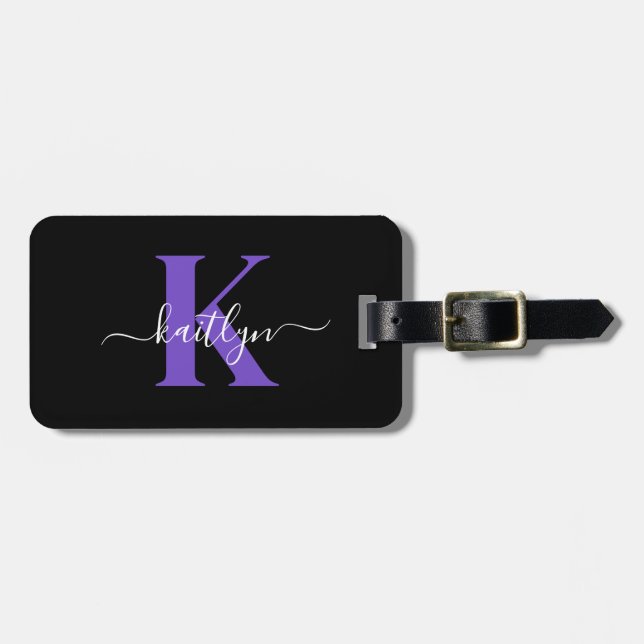 Modern Black Purple Script Monogram Luggage Tag (Front Horizontal)