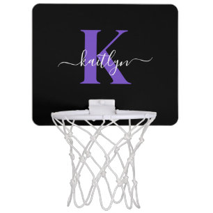 Modern Black Purple Script Monogram Mini Basketball Hoop