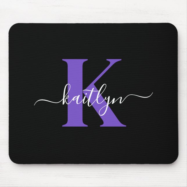 Modern Black Purple Script Monogram Mouse Pad (Front)