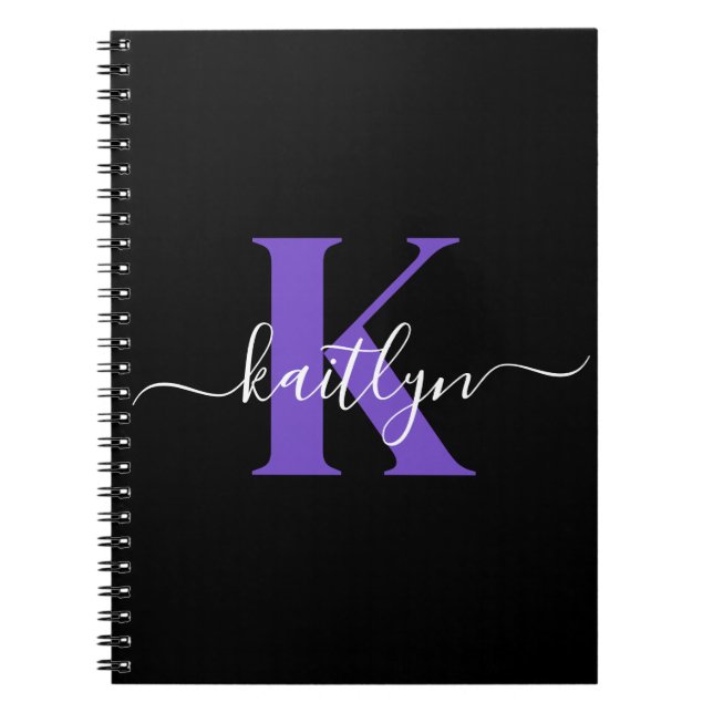 Modern Black Purple Script Monogram Notebook (Front)