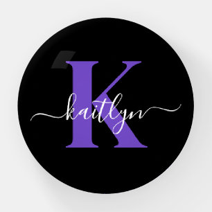 Modern Black Purple Script Monogram Paperweight
