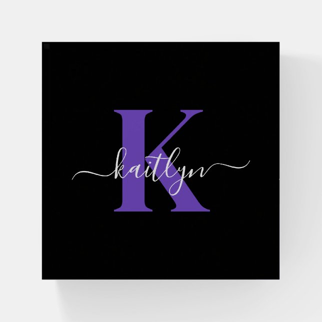 Modern Black Purple Script Monogram Paperweight (Front)