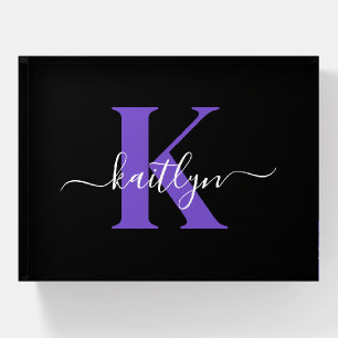 Modern Black Purple Script Monogram Paperweight