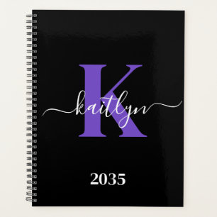 Modern Black Purple Script Monogram Planner
