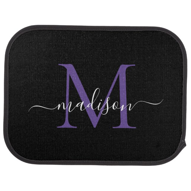 Modern Black Purple Violet Monogram Girly Script Car Floor Mat (Rear)