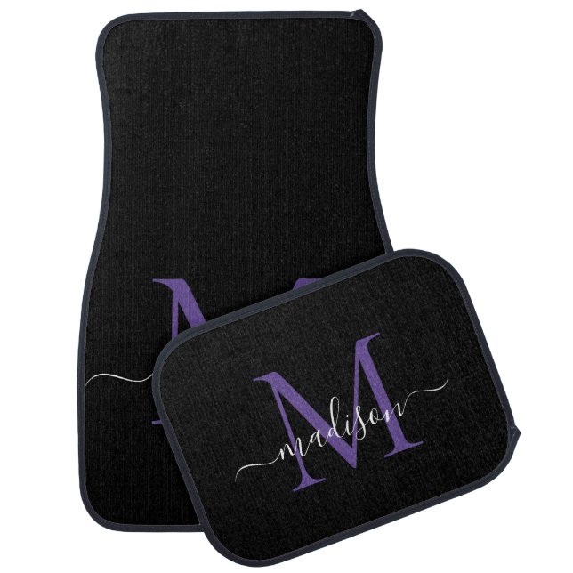 Modern Black Purple Violet Monogram Girly Script Car Floor Mat (Set)