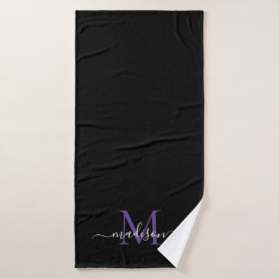 Modern Black Purple Violet Monogram Script Name Bath Towel