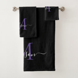 Modern Black Purple Violet Monogram Script Name Bath Towel Set