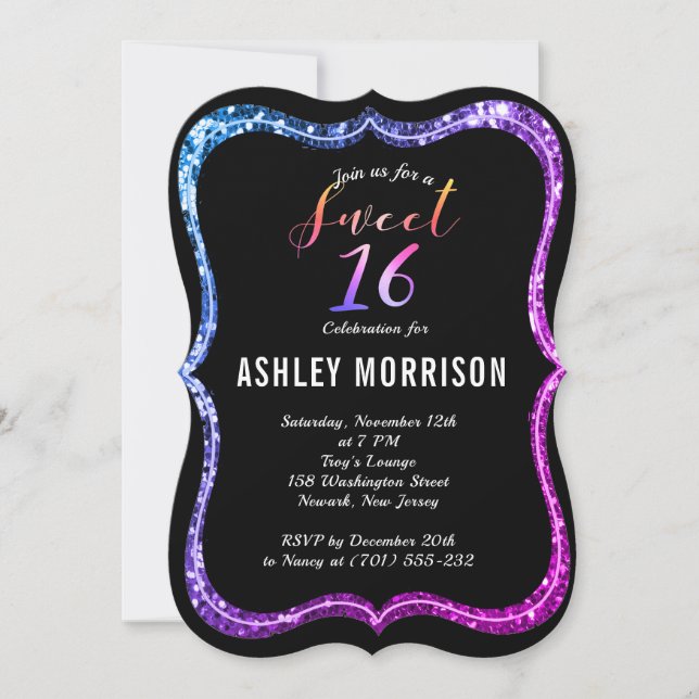 Modern Black Purplish Pink Glitter Sweet 16 Invitation (Front)