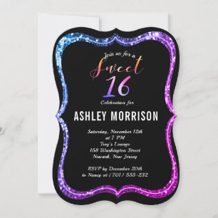 Modern Black Purplish Pink Glitter Sweet 16 Invitation