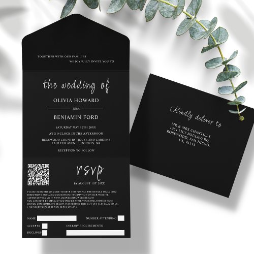 Modern Black QR Code All In One Invitation