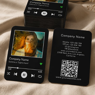 Modern Black QR Code Music Player Song Photo Business Card