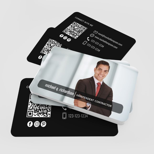 Modern Black QR Code Photo Contact Card (Black minimalist QR code photo contact cards scattered with modern clean layout)