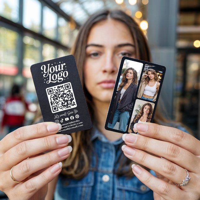 Modern Black QR Code Social Media Icons Logo Photo Business Card (Modern Black QR Code Social Media Icons Logo Photo)