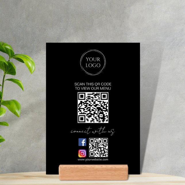 Modern Black QR Code White Menu Logo Contactless Holder (Creator Uploaded)